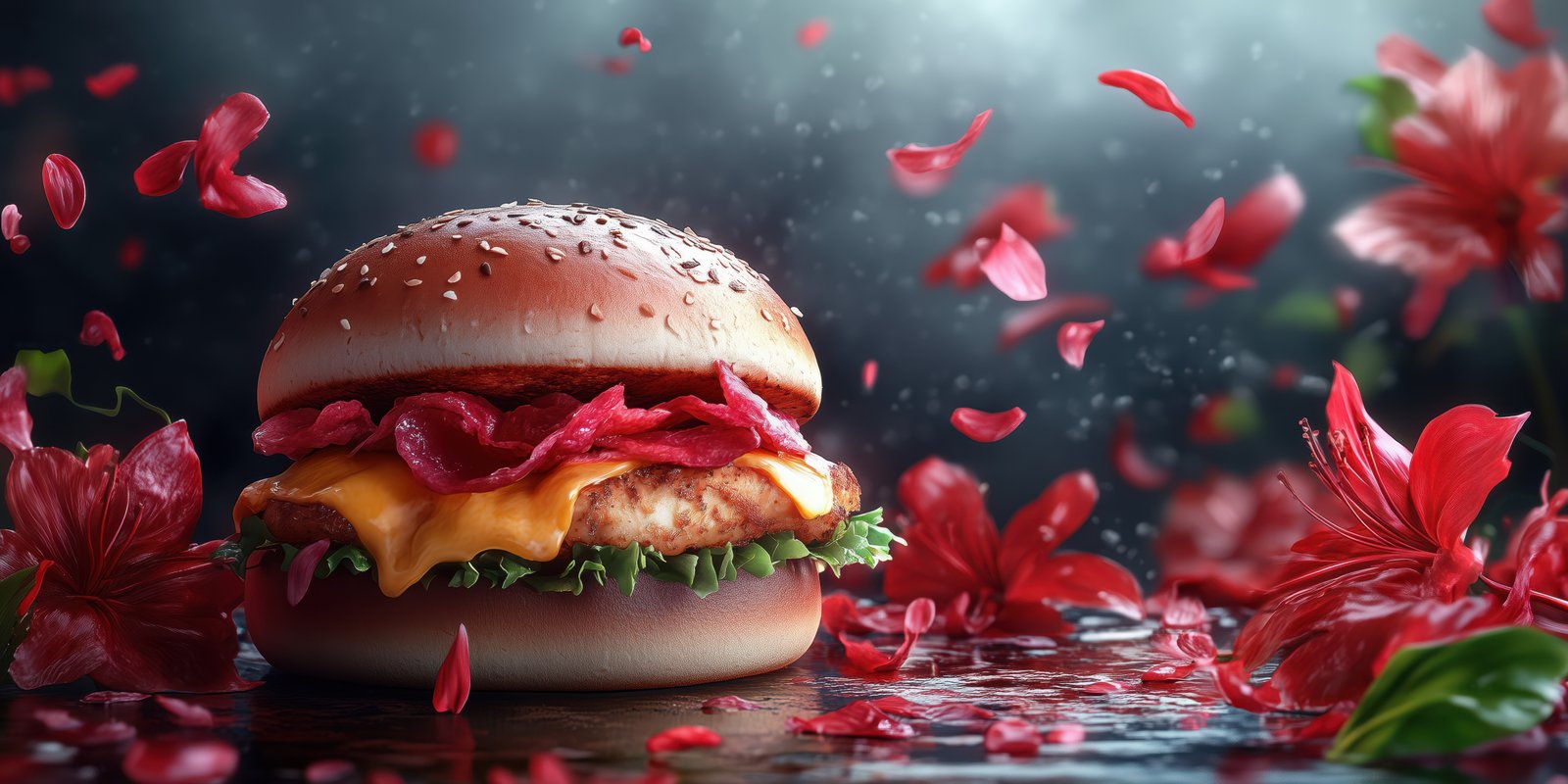 Delicious hamburger topped with fresh ingredients surrounded by vibrant red flower petals